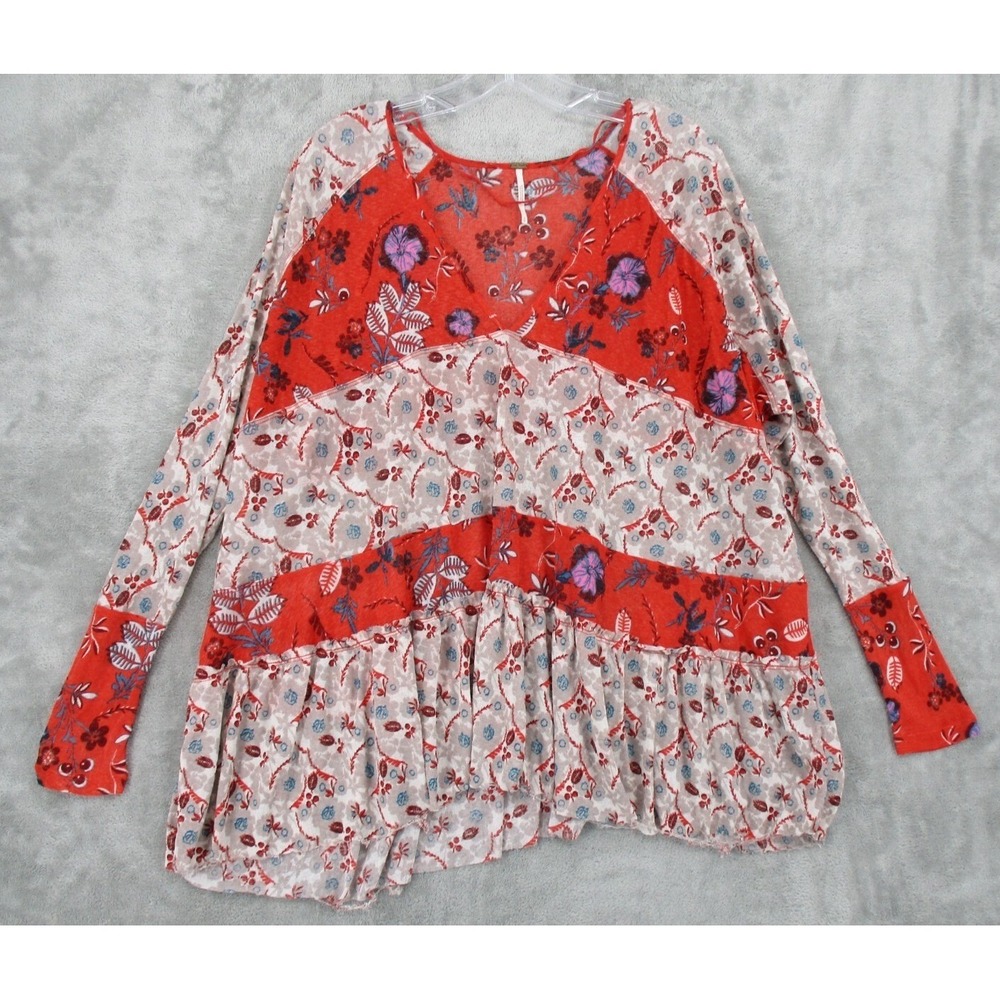 Free People Top Womens Small Tiered Floral Isabelle Boho‎ Relaxed Boxy Pheasant